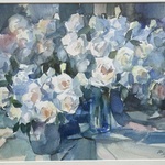 Grote aquarel, “Modern Bloemstilleven”, geschilderd door Jos Leurs